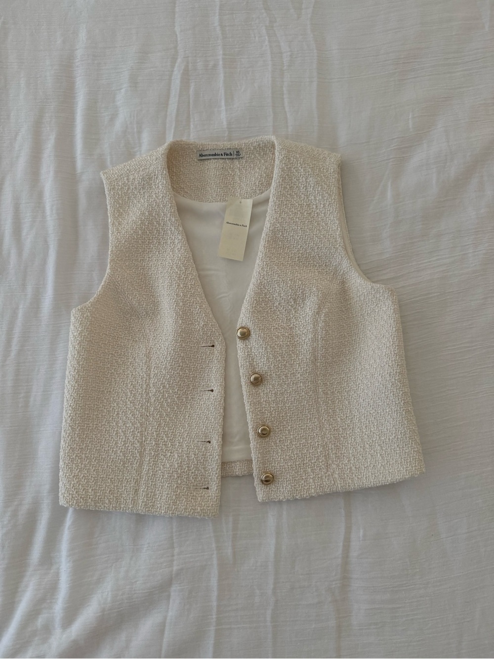 Abercrombie & Fitch Cream Bouclé Button Vest with Gold Buttons